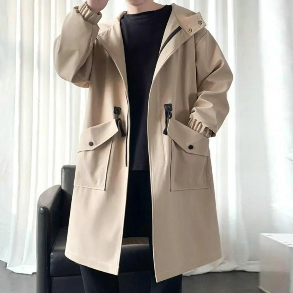 Men Trench Coat Loose Mid Length Big Pockets Hooded Jacket Windproof Zipper Closure Elastic Cuff Male Coat Men's Clothing