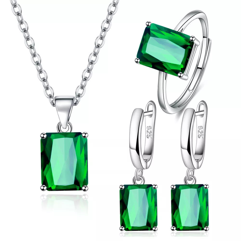 925 Sterling Silver Ring Earrings Necklace For Women Rectangle Geometry Zircon Wedding Elegant Jewelry Sets-Dollar Bargains Online Shopping Australia