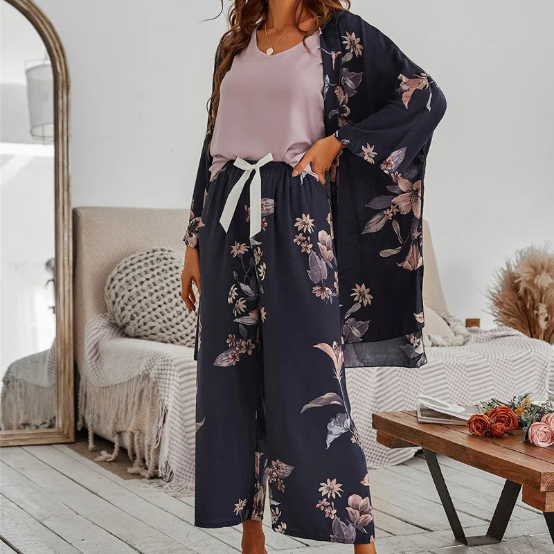 3 Pcs Women Pajamas Set Viscose Floral Printed Female Pyjama Loose Sleepwear Nightwear Spring Summer Lounge Wear