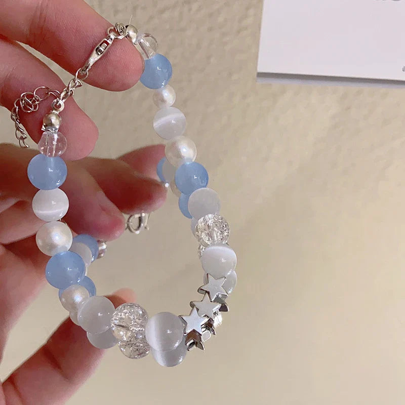 Crystal Star Pentagram Pearl Beaded Bracelet for Women Vintage Aesthetic Charm Double Layer Chain Bracelet Jewelry Gift