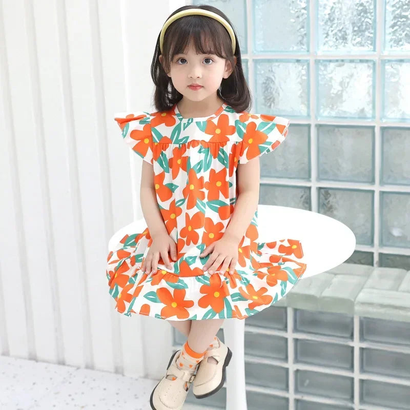 Children's kids Clothes Girls Party Princess Fashion Outfit Flower Pattern Beach Dresses