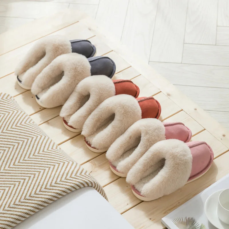 WinterFur Slippers Women Luxury Faux Suede Plush Couple Cotton Shoes Indoor Bedroom Flat Heels Fluffy Slippers-Dollar Bargains Online Shopping Australia
