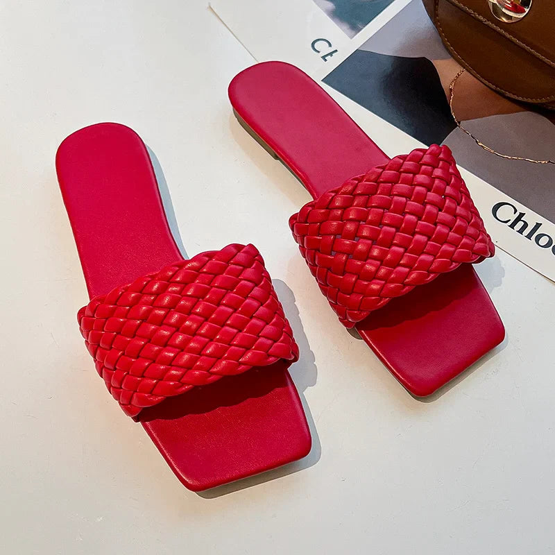 Braided Red Square Toe Flat Flip-Flops Fashion Beach Mules Casual Indoor Home Slippers