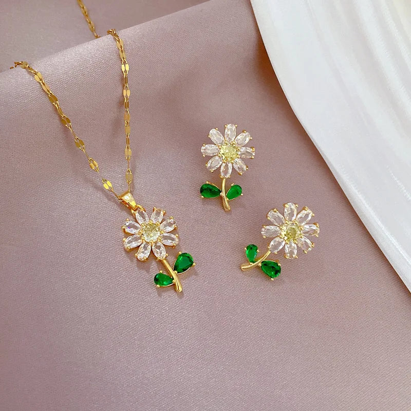 Classic Green Leaf Flower Necklace and Earrings Set Light Luxury Sunflower Personalized Banquet Stainless Steel Jewelry-Dollar Bargains Online Shopping Australia