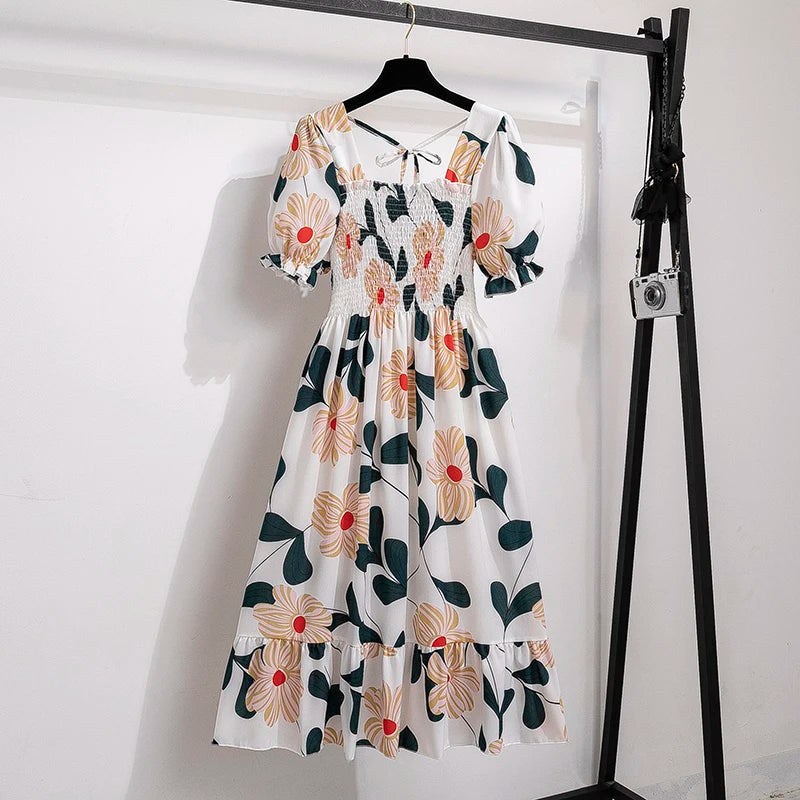 Chiffon Dresses Fashion Female Elastic Waist Short Sleeve Pleated Casual Dress Women A-line Dresses-Dollar Bargains Online Shopping Australia