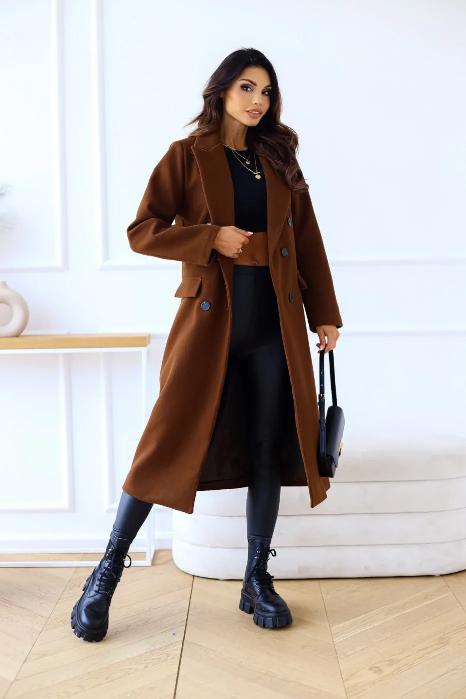 Women's minimalist double breasted long sleeved lapel button down woolen jacket with loose-Dollar Bargains Online Shopping Australia
