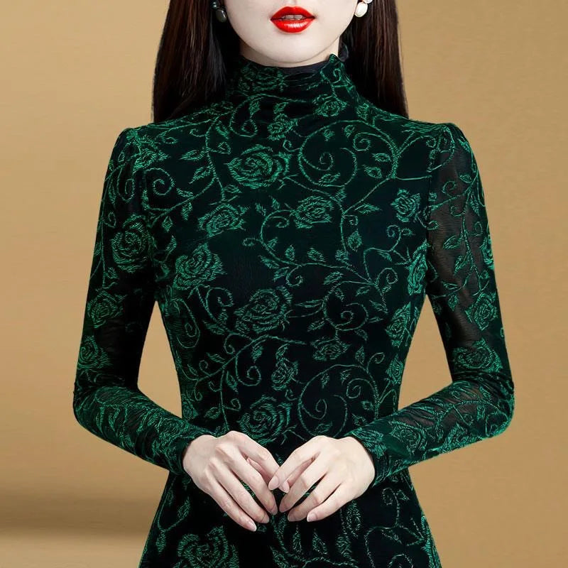 Women's Winter Autumn Style Blouse Shirt Women's Printed Turtleneck Long Sleeve Slim Elegant Tops-Dollar Bargains Online Shopping Australia
