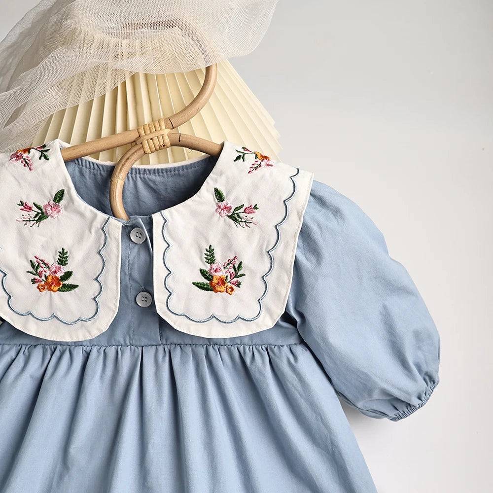 Solid Pleated Baby Bodysuit Toddler Girls Princess Clothes embroidery Big Collar Infant Clothing-Dollar Bargains Online Shopping Australia
