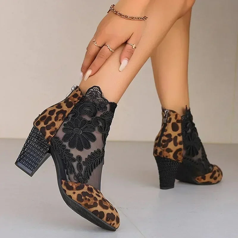 High Heels Boots Leopard Print Short Boots Women Lace Floral Back Zipper Round Toe-Dollar Bargains Online Shopping Australia