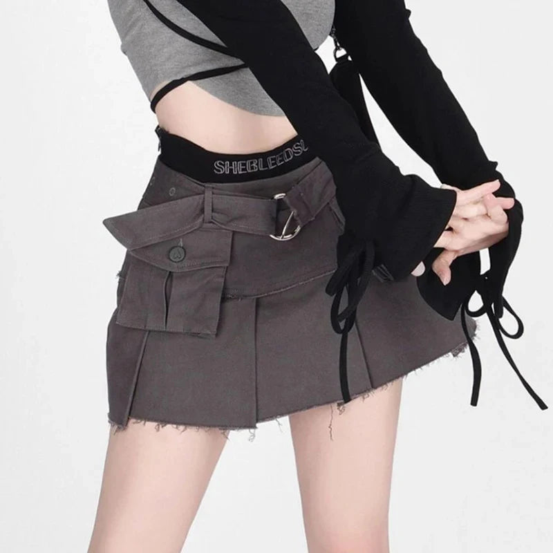 Y2K Denim Cargo Skirts Tassel Women Streetwear Patchwork Pleated Mini Skirt Harajuku High Waist Multi Pocket Jeans A Line Skirts-Dollar Bargains Online Shopping Australia