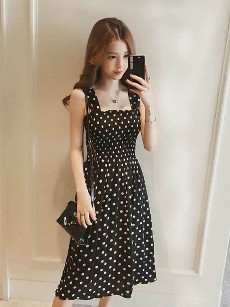 Beach Long Vintage Dots Casual Ruffles Elegant Maxi Strap Silky Dress Women-Dollar Bargains Online Shopping Australia