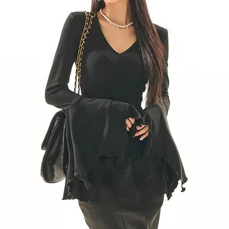 Goth Dark Fairy Grunge Flare Sleeve V-neck T-shirts Gothic Split Sexy Lettuce Hem Female Blouses Y2k Black Slim Fashion Alt Tops-Dollar Bargains Online Shopping Australia