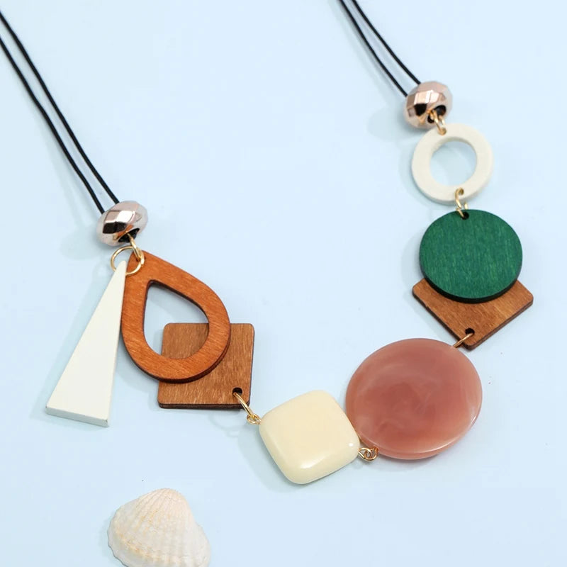 Vintage Wooden Geometric Pendant Necklace with Collar Handmade Ethnic Statement Bib Necklaces for Women Neck-Dollar Bargains Online Shopping Australia