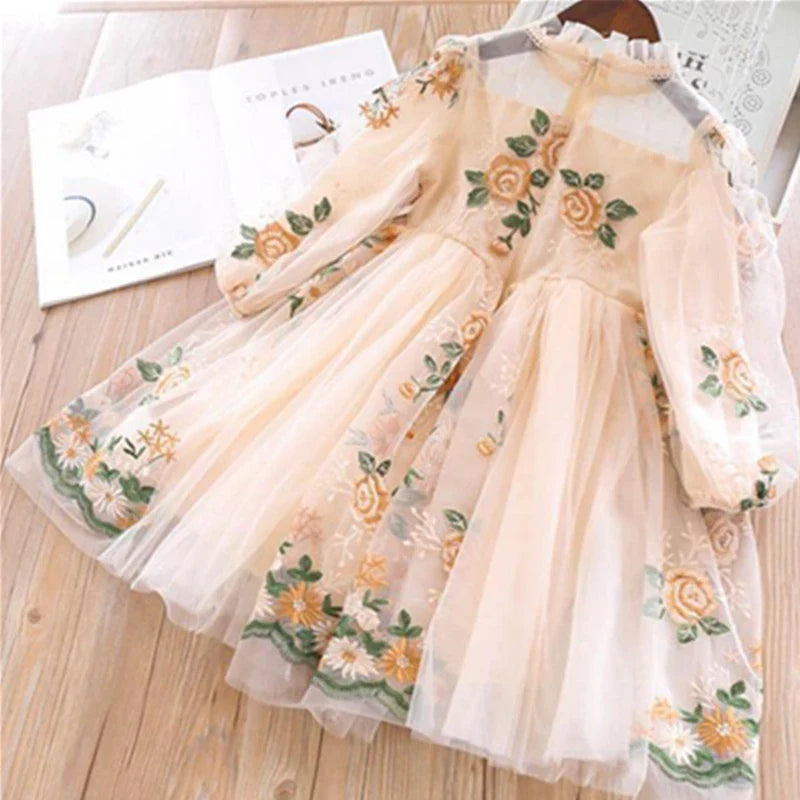 Little Girls Autumn Full Sleeves Dress for Children Party Kids Casual Dress Pink Floral Embroidery Dresses Princess Wear-Dollar Bargains Online Shopping Australia
