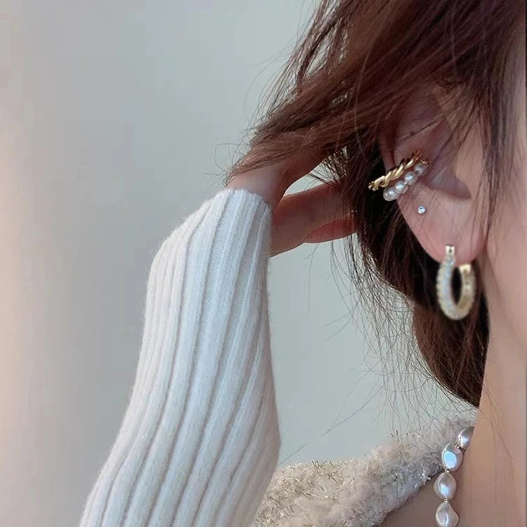 Double Circle Twist Pearl Ear Cuff Vintage Geometric Circle Earcuff Fake Piercing Pearls Clip on Earings-Dollar Bargains Online Shopping Australia