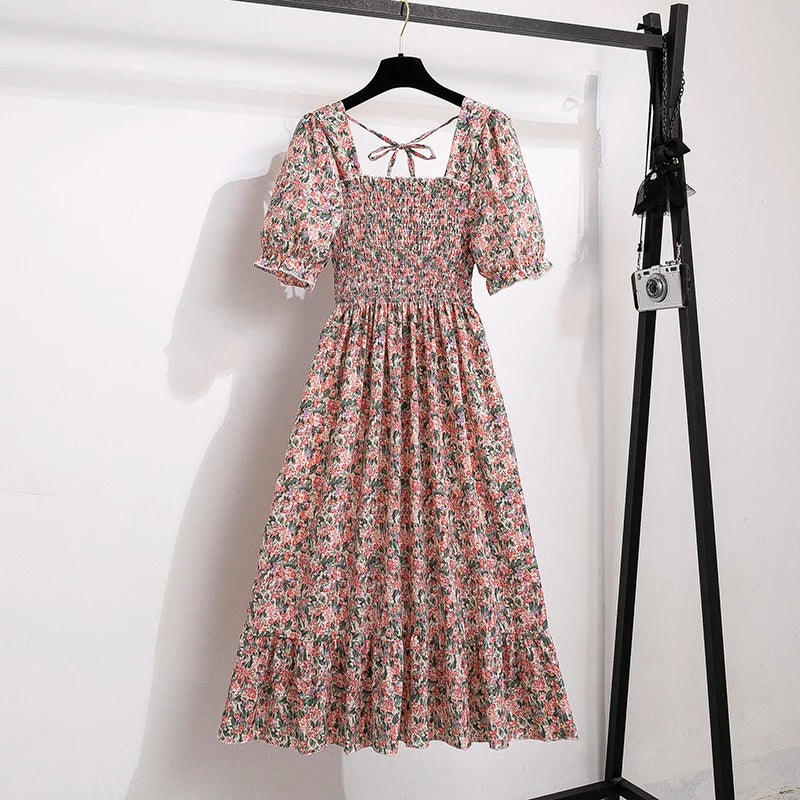 Chiffon Dresses Fashion Female Elastic Waist Short Sleeve Pleated Casual Dress Women A-line Dresses-Dollar Bargains Online Shopping Australia