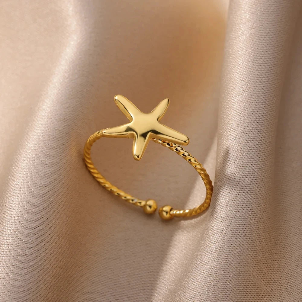 Gold Color Stainless Steel Shell Rings For Women Vintage Oval Blue Stone Adjustable Ring Fashion Party Jewelry Anniversary Gift-Dollar Bargains Online Shopping Australia