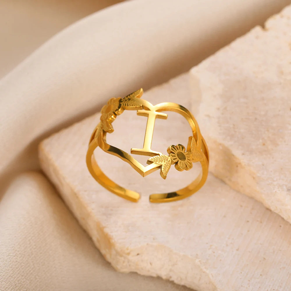 Stainless Steel Initials Flower Heart Rings Gold Color Adjustable Delicate Letter Leaf Rings For Women Girl Alphabet Jewelry-Dollar Bargains Online Shopping Australia
