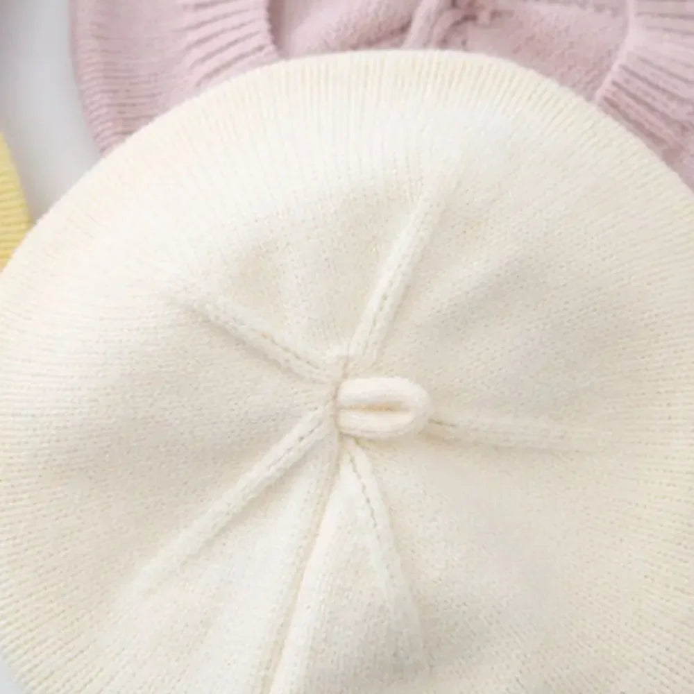 Flower Baby Beret Hat Solid Color Winter Warm Knitted Beanie Cap For Infant Girl Korean Toddler Princess Artist Painter Cap-Dollar Bargains Online Shopping Australia