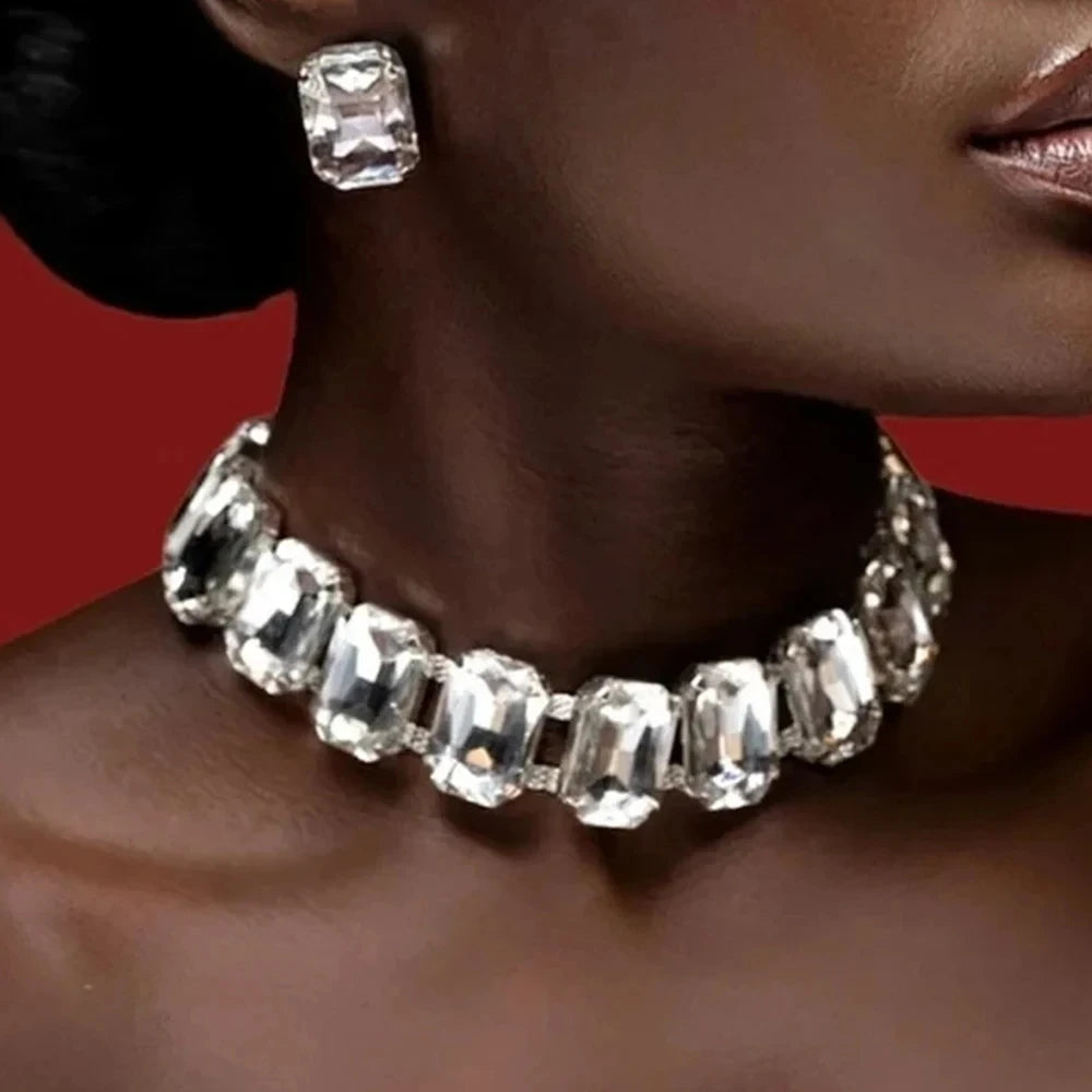 Bride Crystal Necklace Earrings Set Bridesmaid Wedding Jewellry Two Pieces Choker Necklace Prom Costume Jewelry Sets-Dollar Bargains Online Shopping Australia