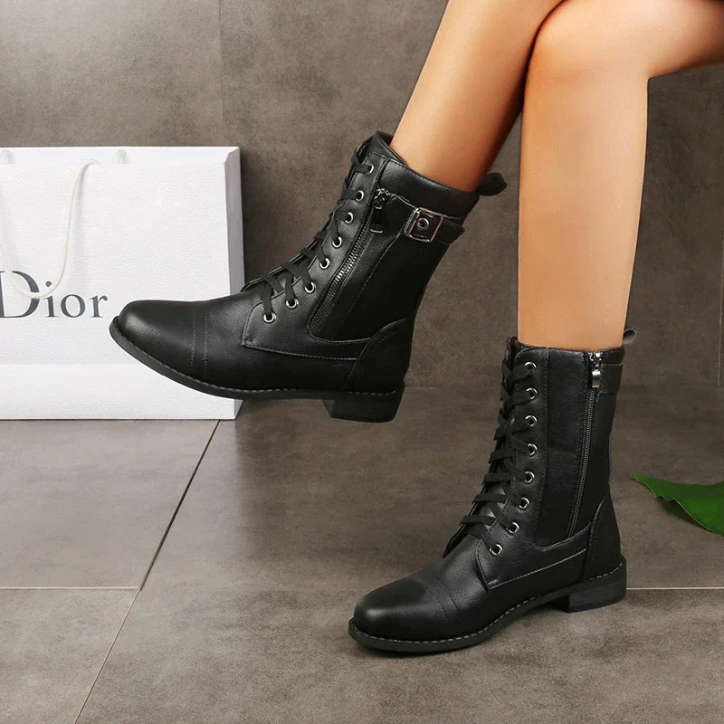 New Women's Boots Fashion Side Zip Round Toe Biker Boots Solid Color Lace-Up Chunky Heel Casual Shoes Coturno Feminino-Dollar Bargains Online Shopping Australia