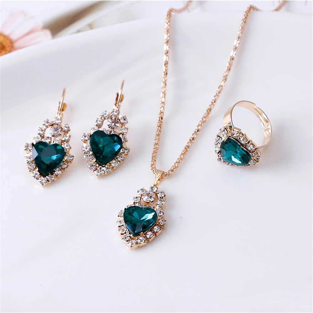 Luxurious Design Heart Shape Red Crystal Necklace Ring Earrings Jewelry Set Elegant Bridal Wedding Accessories Anniversary Gifts-Dollar Bargains Online Shopping Australia