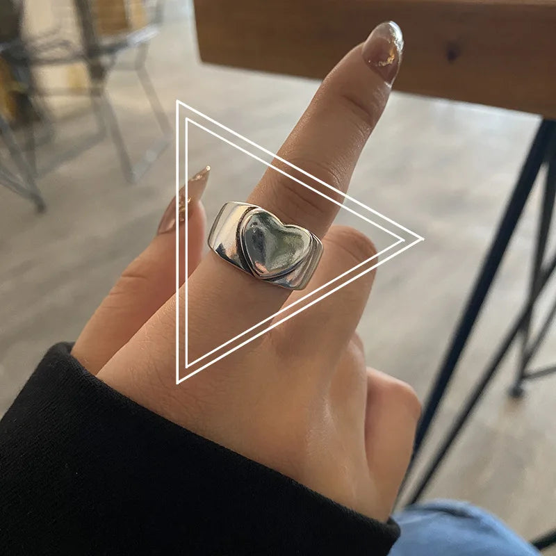 925 Sterling Silver Retro Love Heart Wide Glossy Net Red Ring for Women Girl Gift Jewelry