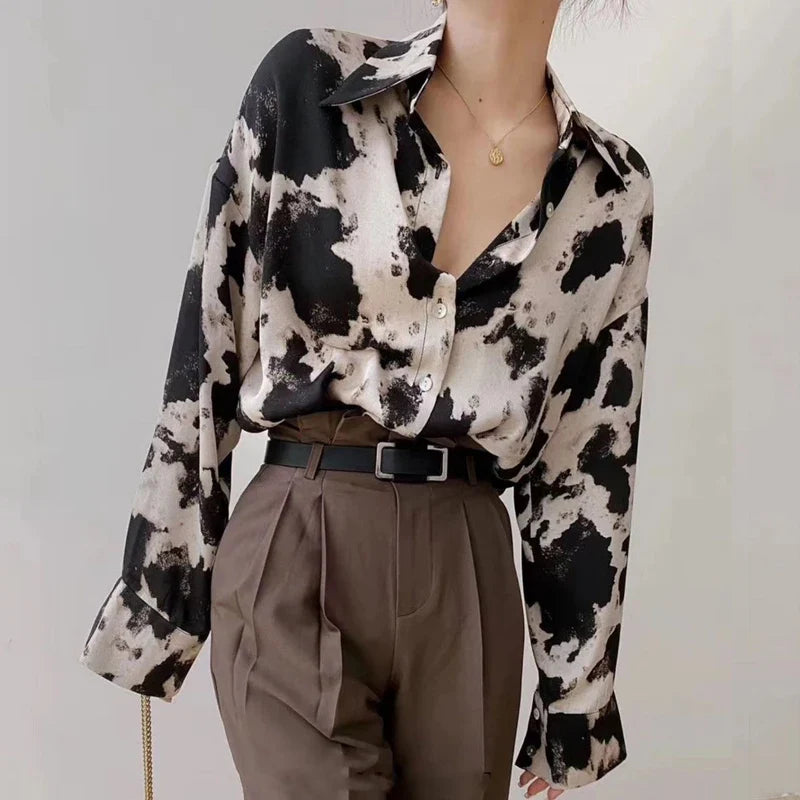 Cow Print Button Up Shirts Women Spring Plus Size Tops Korean Fashion Clothes Chiffon Streetwear Long Sleeve-Dollar Bargains Online Shopping Australia