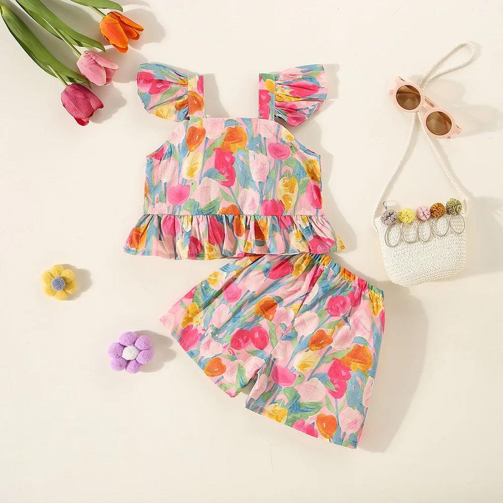 Baby Girl Flower Small Flying Sleeve Top And Shorts Set Cute Beach Set For Girls-Dollar Bargains Online Shopping Australia