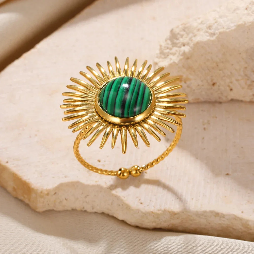 Stainless Steel Green Natural Stone Rings For Women Vintage Trend Punk Jewelry 18K Gold Color Opening Ring Christmas Gift New-Dollar Bargains Online Shopping Australia