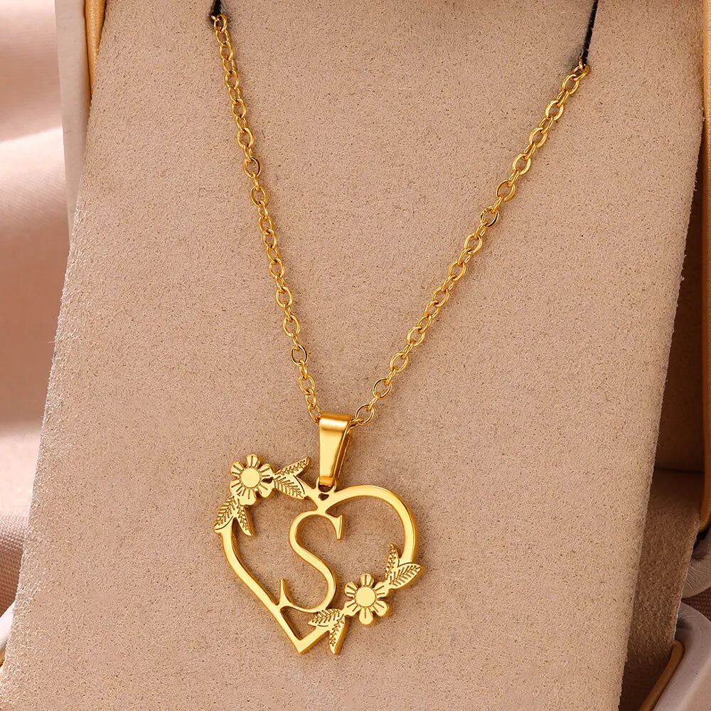 Gold Color Dainty Flower Initials Necklace Women Girl Stainless Steel Heart Letter Choker Necklace Best Gifts Alphabet Jewelry-Dollar Bargains Online Shopping Australia