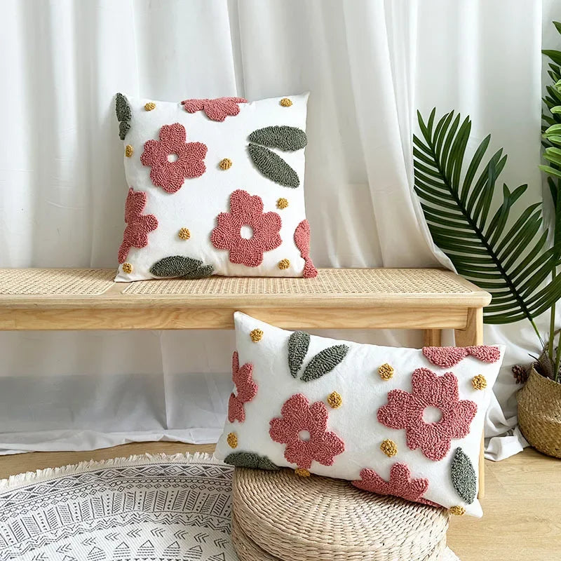 Nordic Style Flower Loop Tufted Cushion Cover Pink Plant Embroidered Decorative Pillows for Sofa Home Bedside Pillowcase-Dollar Bargains Online Shopping Australia