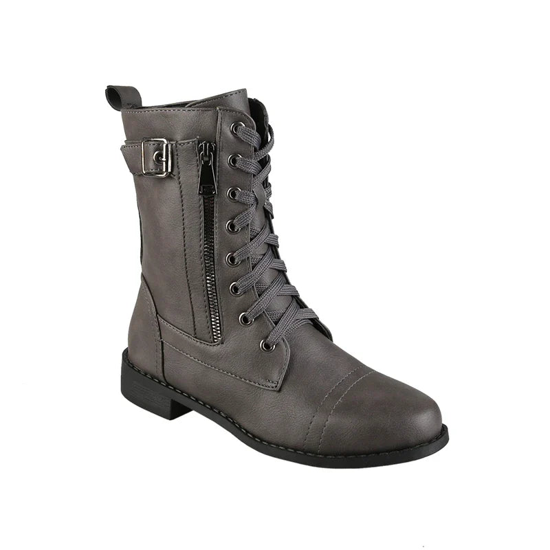 New Women's Boots Fashion Side Zip Round Toe Biker Boots Solid Color Lace-Up Chunky Heel Casual Shoes Coturno Feminino-Dollar Bargains Online Shopping Australia