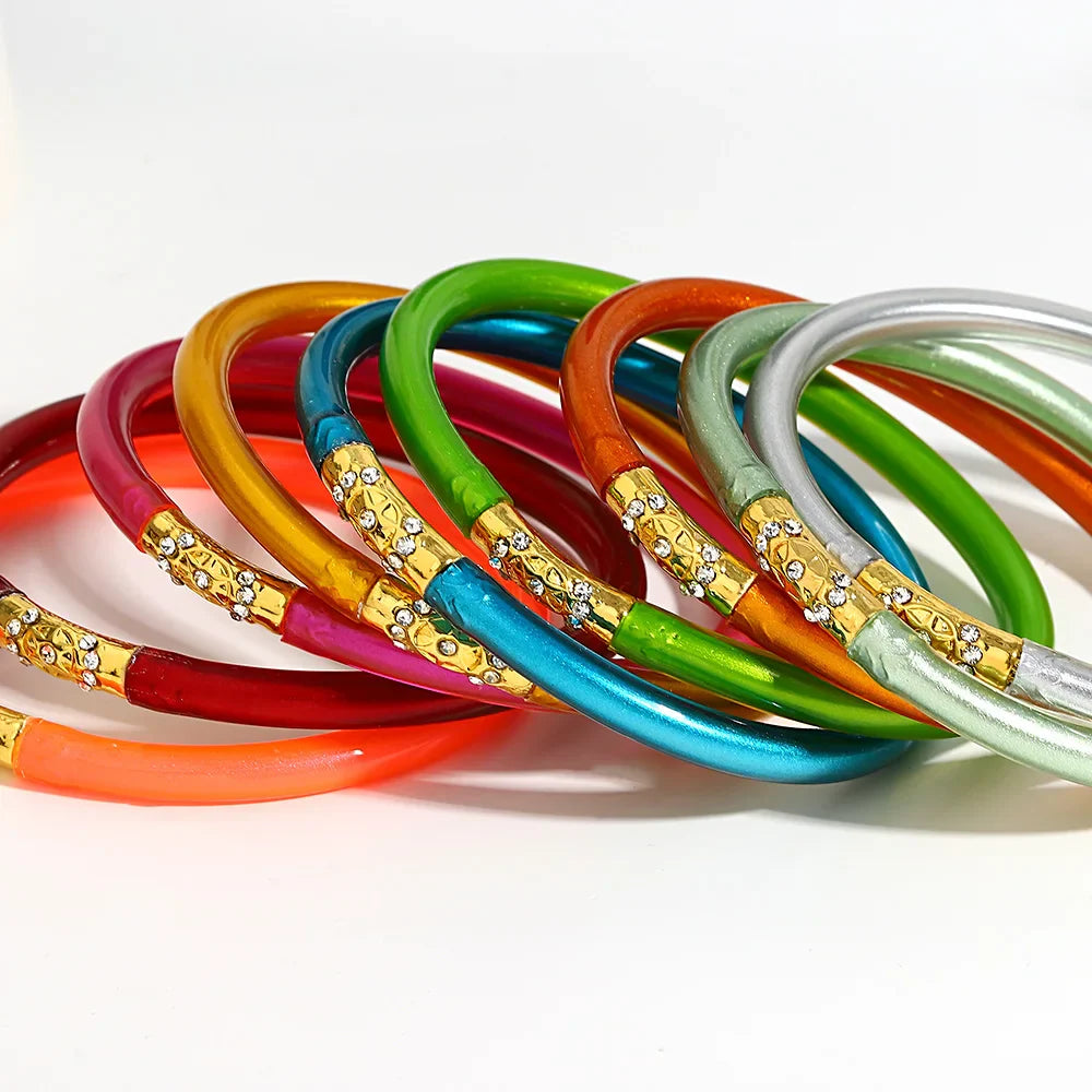Inlaid Rhinestone Metal Buckle Silicone Bracelet for Women Buddhist Rush Temple Glitter Filled Jelly Lightweight Bangles-Dollar Bargains Online Shopping Australia