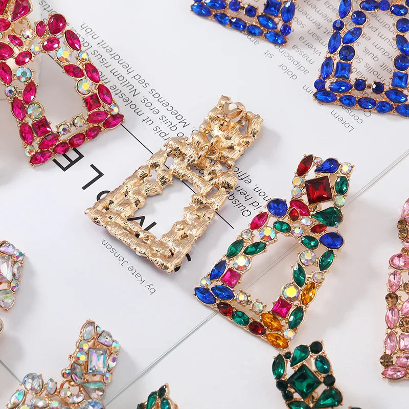 Boho Ethnic Colorful Crystal Clip on Earrings Women's Big Geometric ZA Statement Non Pierced Long Dangle Earrings Jewellery-Dollar Bargains Online Shopping Australia
