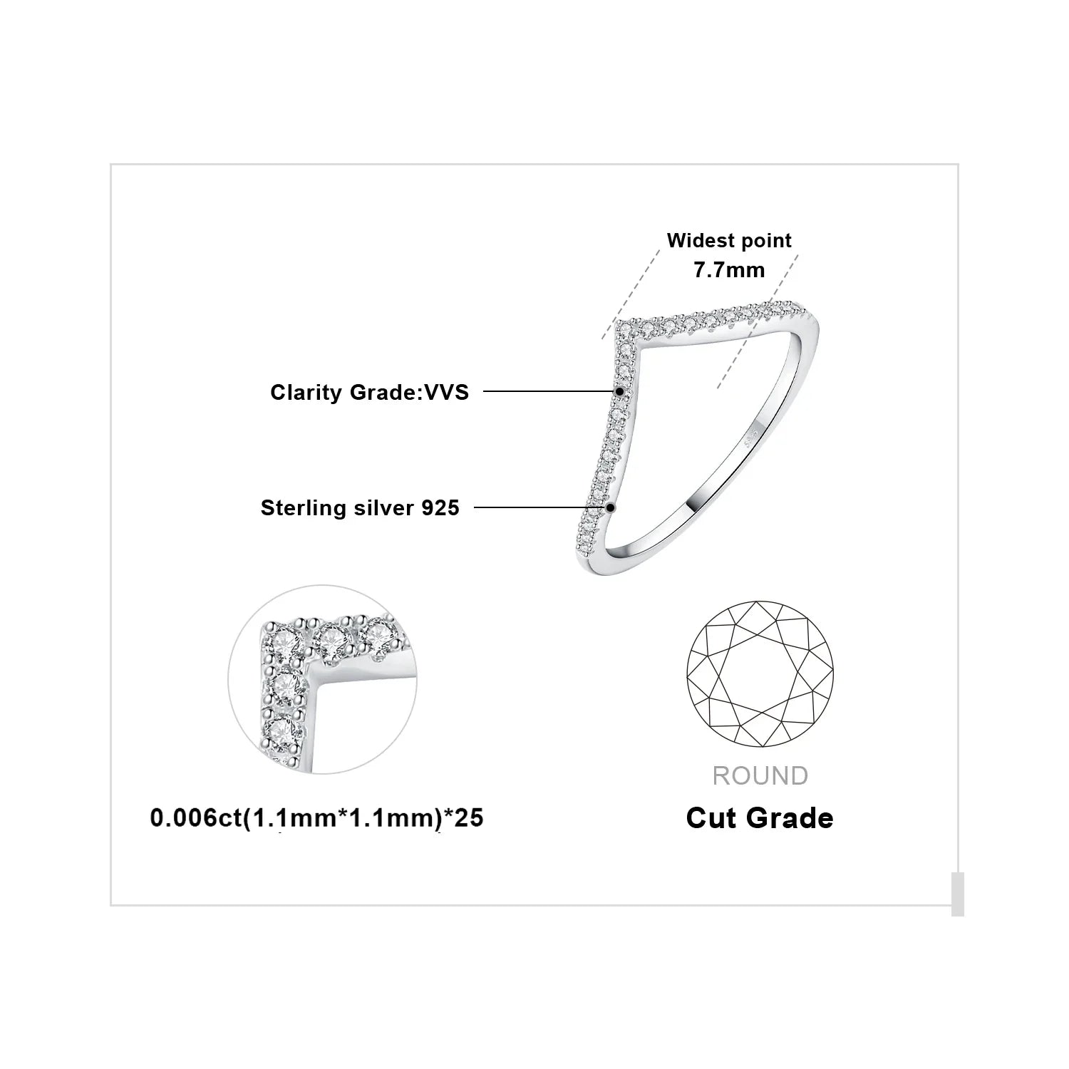 Moissanite D Color Round Cut 925 Sterling Silver V Shape Stackable Wedding Ring for Woman Yellow Rose Gold Plated
