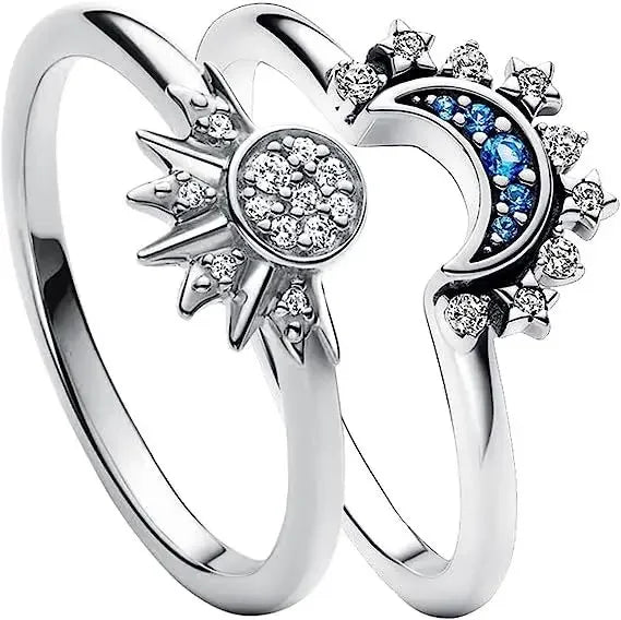 2pc/set Summer Couple Ring Set Sky Blue Sparkling Moon and Sun Ring Stackable-Dollar Bargains Online Shopping Australia