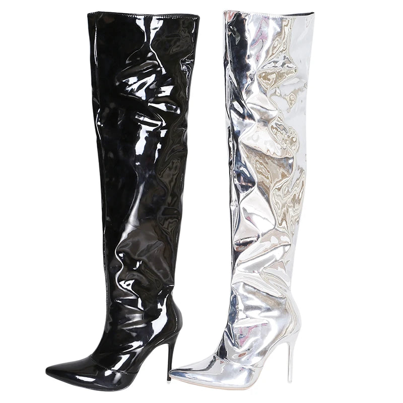 Sexy Silver Mirror Thigh High Boots Women T Show Pointy Toe Club Party Shoes Thin High Heels Over The Knee Long Boots For Women-Dollar Bargains Online Shopping Australia