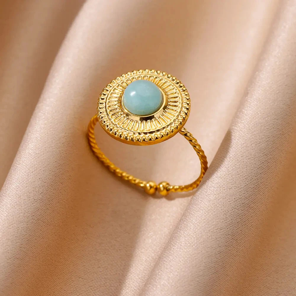 Gold Color Stainless Steel Shell Rings For Women Vintage Oval Blue Stone Adjustable Ring Fashion Party Jewelry Anniversary Gift-Dollar Bargains Online Shopping Australia