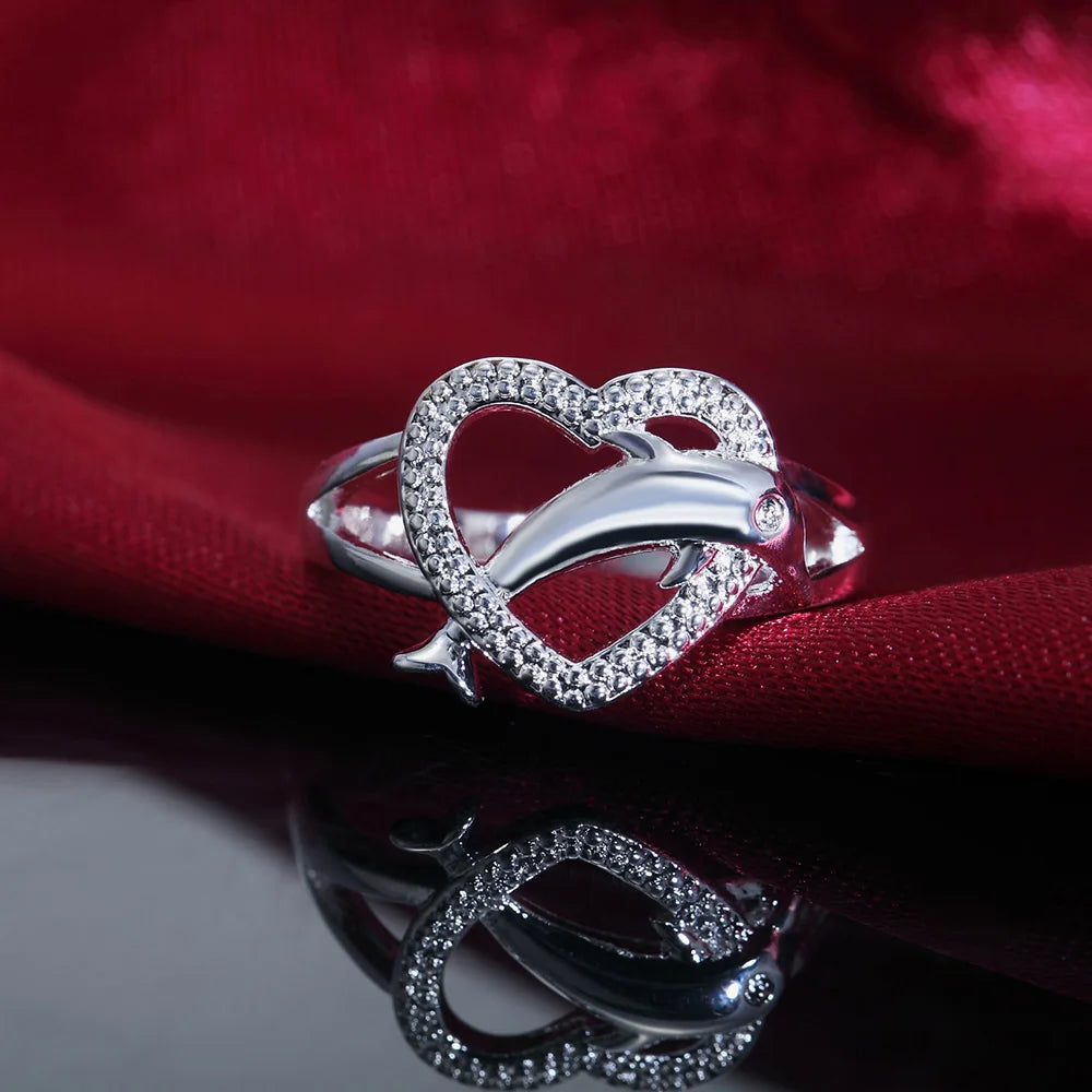 925 Sterling Silver fine Love dolphins heart Rings For Women Couple gifts Fashion Party wedding Jewelry-Dollar Bargains Online Shopping Australia