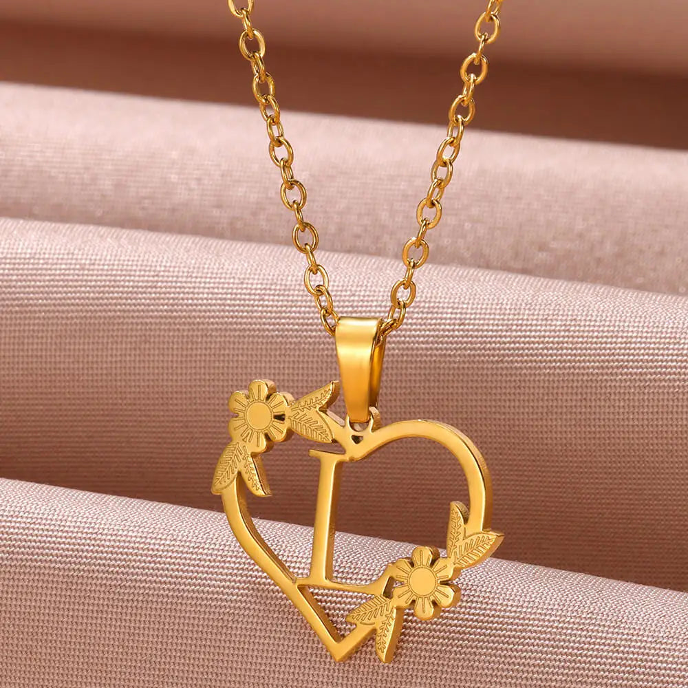 Gold Color Dainty Flower Initials Necklace Women Girl Stainless Steel Heart Letter Choker Necklace Best Gifts Alphabet Jewelry-Dollar Bargains Online Shopping Australia