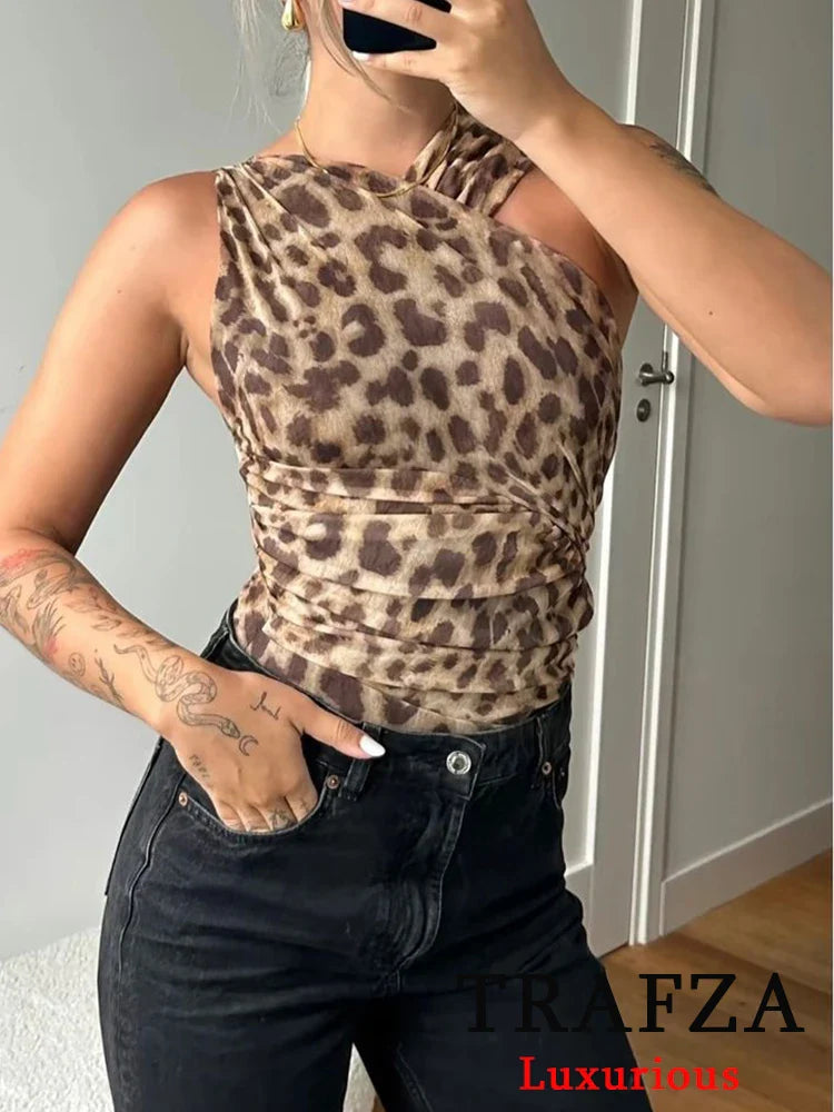 Leopard Print Mesh Bodysuits Women One-Shoulder Backless Jumpsuits Y2K Girl Party Bodysuits