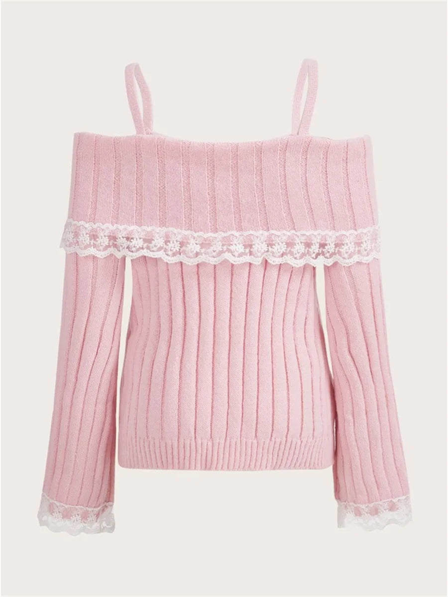 Grunge Aesthetics Pink Pullover Sweet y2k Vintage Off Shoulder Knit Sweater Long Sleeve Bow Lace Patchwork Jumpers Streetwear-Dollar Bargains Online Shopping Australia