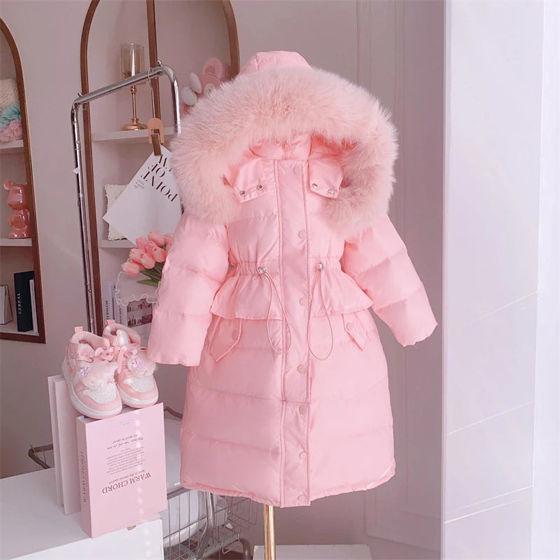 Winter Girls Sweet Long Down Jackets Hooded Big Fur Collar Kids Parkas Children Clothes Girls Windproof Thicken Warm Coats-Dollar Bargains Online Shopping Australia