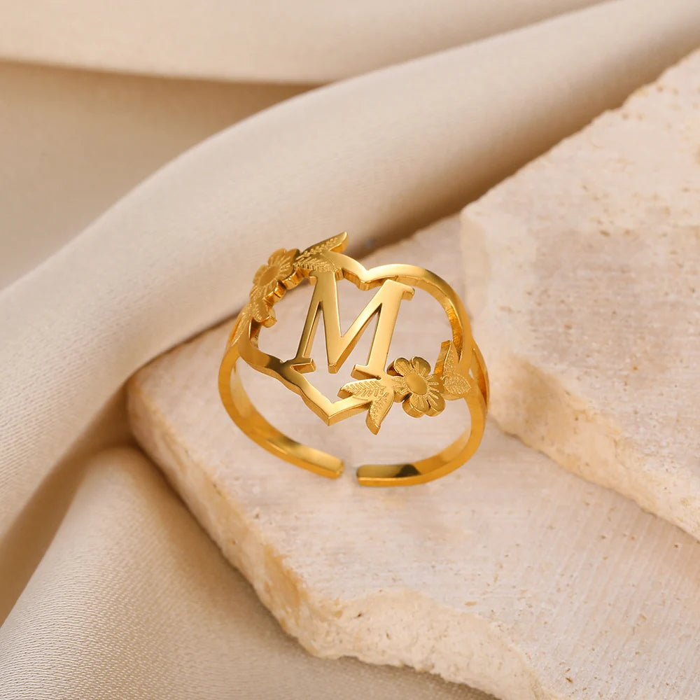 Stainless Steel Initials Flower Heart Rings Gold Color Adjustable Delicate Letter Leaf Rings For Women Girl Alphabet Jewelry-Dollar Bargains Online Shopping Australia