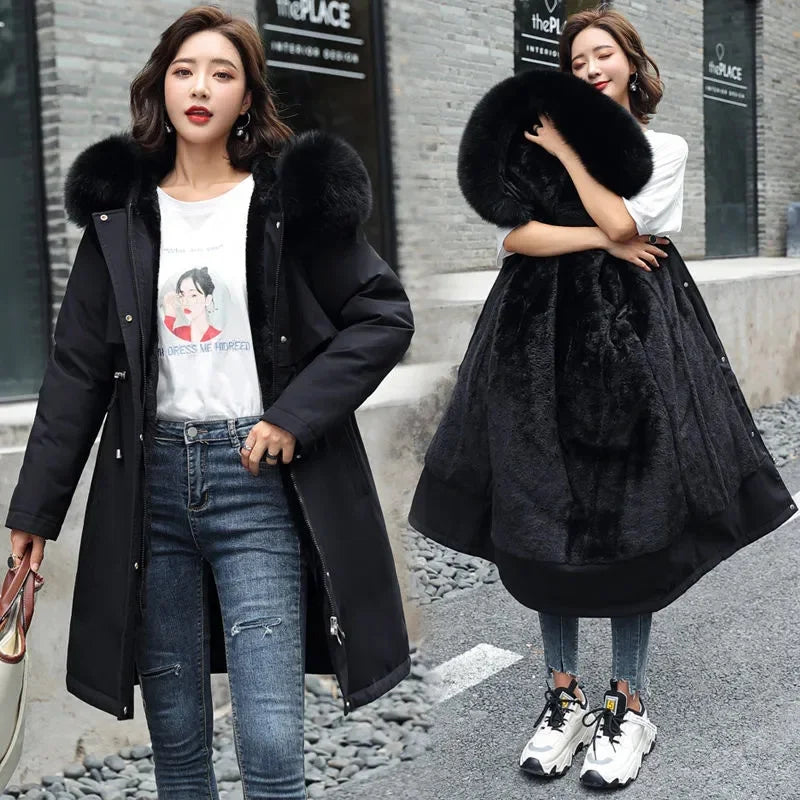 Women Parka Clothes Long Coat Wool Liner Hooded Jacket Fur Collar Thick Warm Snow Wear Fashion Parka-Dollar Bargains Online Shopping Australia
