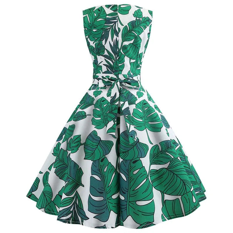 Women Summer Dress Sleeveless Green Leaf Print Midi Dress O Neck Retro Vintage Party Robe-Dollar Bargains Online Shopping Australia