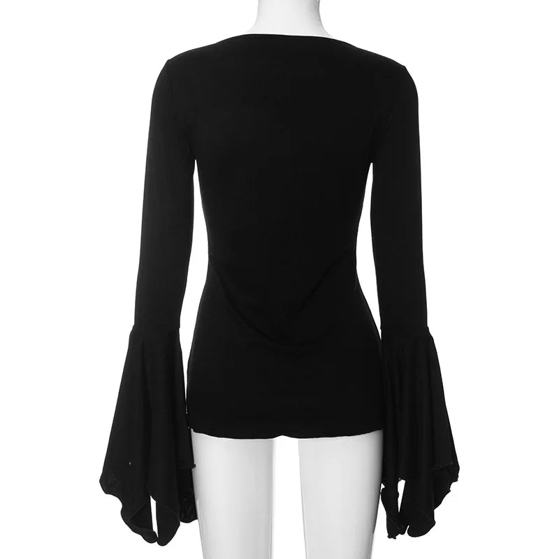 Goth Dark Fairy Grunge Flare Sleeve V-neck T-shirts Gothic Split Sexy Lettuce Hem Female Blouses Y2k Black Slim Fashion Alt Tops-Dollar Bargains Online Shopping Australia