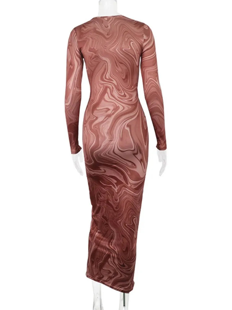 Long Sleeve Bodycon Dresses For Women Evening Party Clothes O-neck Mid Calf Sexy