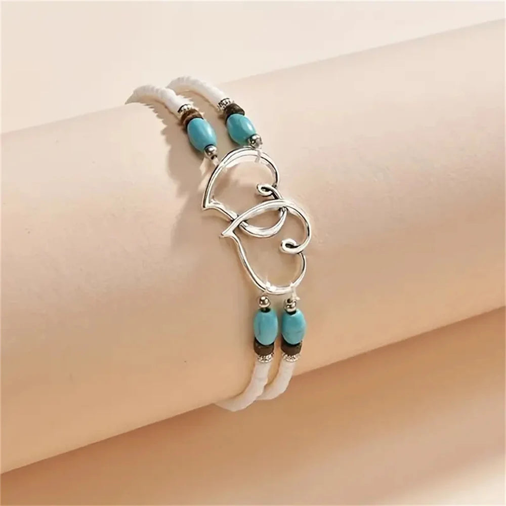 Vintage Layer Beaded Hollow Double Heart Anklet for Women Female Bohemia Resin Beads Chain Silver Color Beach Ankle Foot Jewelry-Dollar Bargains Online Shopping Australia